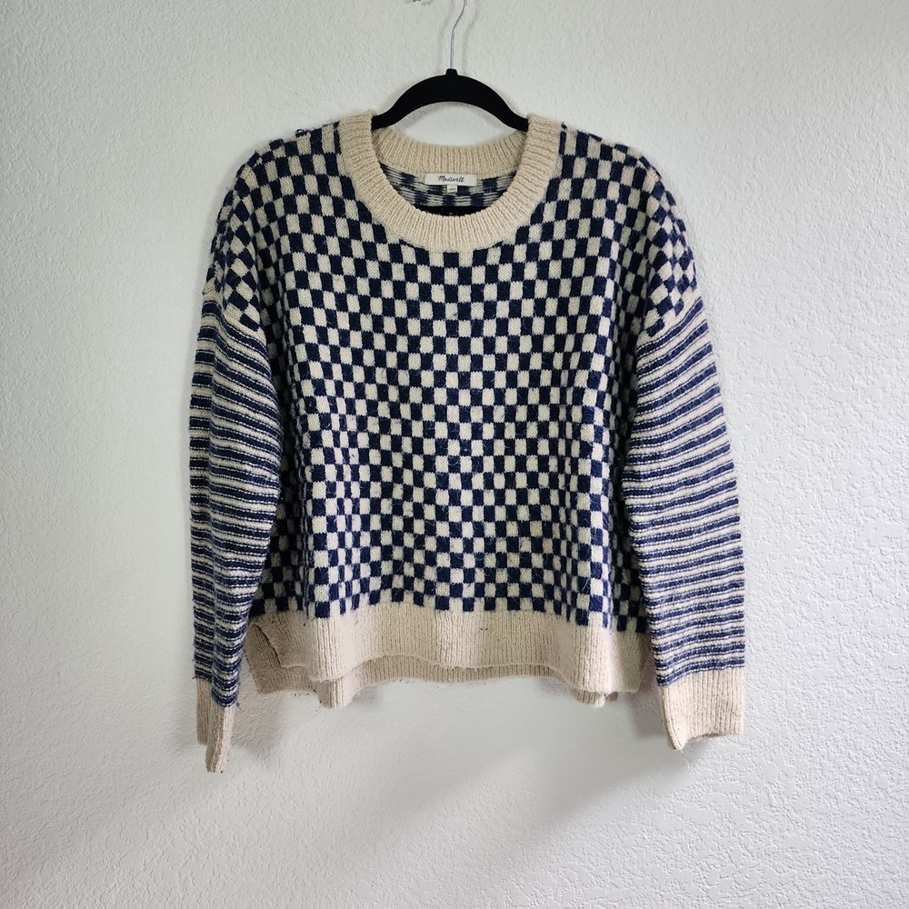 Madewell crewneck in a navy and cream checked stripe pattern sweater Womens sz L